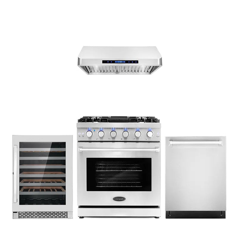 Cosmo 4-Piece, 30″ Gas Range, Range Hood, Dishwasher and 48 Bottle Wine Cooler - COS-4PKG-088