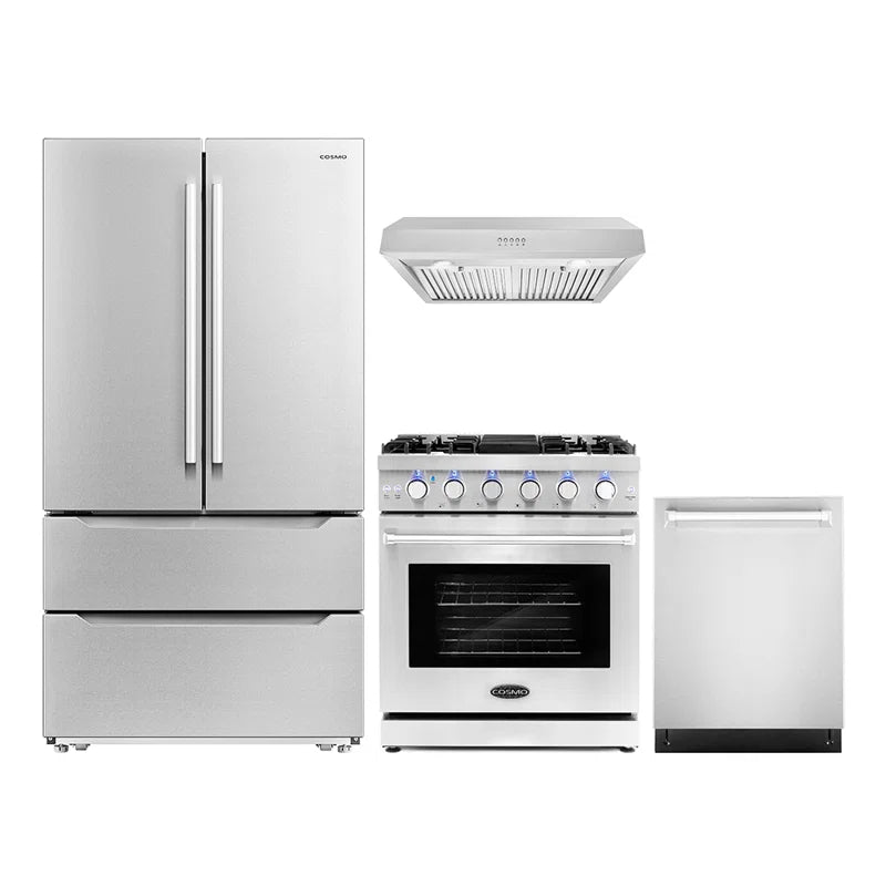 Cosmo 4 Piece, 30″ Gas Range 30″ Range Hood 24″ Dishwasher & Refrigerator - COS-4PKG-254