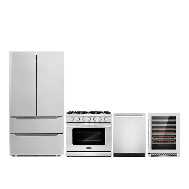 Cosmo 4-Piece, 36″ Gas Range, Dishwasher, Refrigerator and 48 Bottle Wine Cooler - COS-4PKG-104