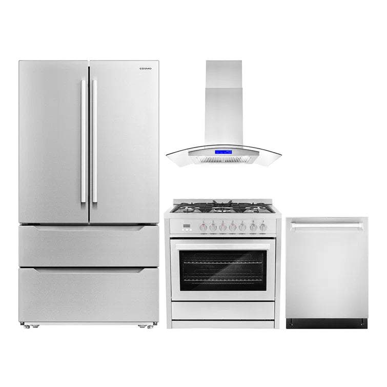 Cosmo 4 Piece, 36″ 240V Dual Fuel Range 36″ Range Hood 24″ Dishwasher & Refrigerator - COS-4PKG-219
