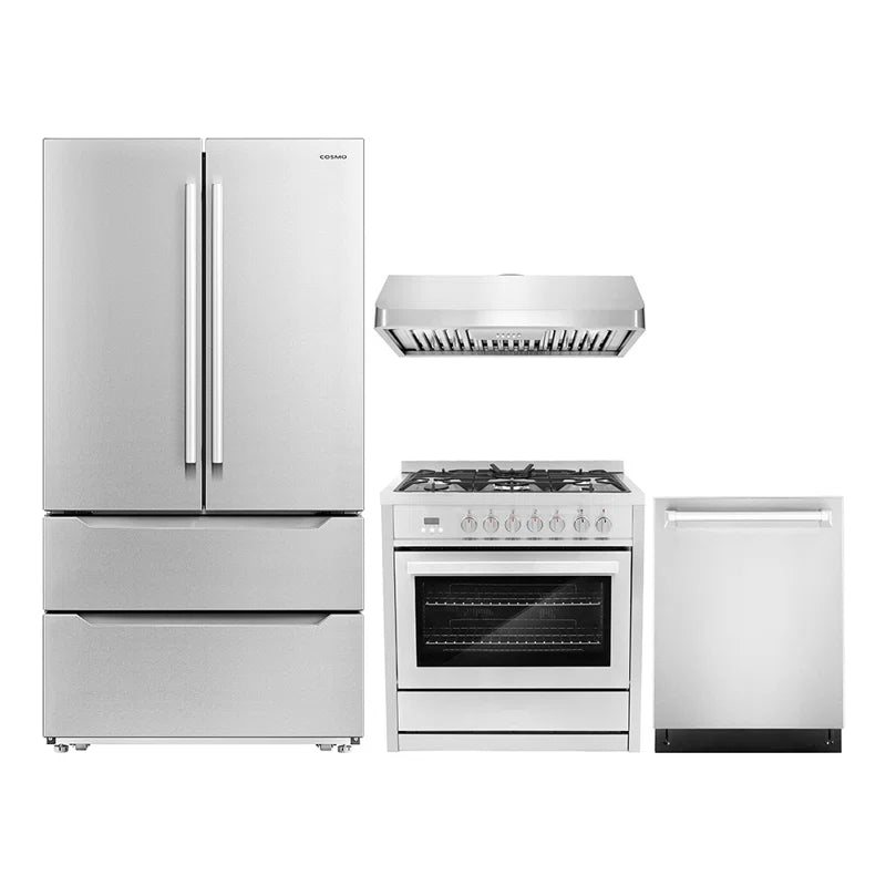 Cosmo 4 Piece, 36″ 240V Dual Fuel Range 36″ Range Hood 24″ Dishwasher & Refrigerator - COS-4PKG-215