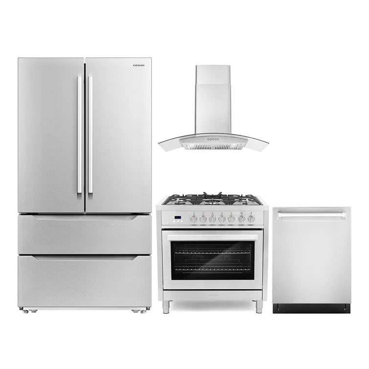 Cosmo 4 Piece, 36″ 240V Dual Fuel Range 36″ Range Hood 24″ Dishwasher & Refrigerator - COS-4PKG-222