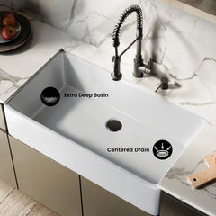 Swiss Madison Elegance 36" x 20" Single Basin Fireclay Farmhouse Kitchen Sink in Glossy White with Stainless Steel Grid - SM-FS3805GW