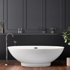Altair Elbow 67" x 32" Flatbottom Freestanding Acrylic Soaking Bathtub in Glossy White with Drain and Overflow