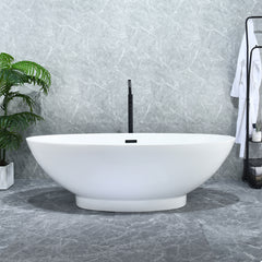 Altair Elbow 67" x 32" Flatbottom Freestanding Acrylic Soaking Bathtub in Glossy White with Drain and Overflow