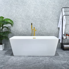 Altair Terrak 59" x 28" Flatbottom Freestanding Acrylic Soaking Bathtub in Glossy White with Drain and Overflow