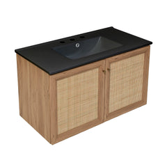 Swiss Madison Classe 36 in. Brown Oak Wall Hung Bathroom Vanity With Black, 3-Hole Ceramic Sink Top - SM-BV667-3MB