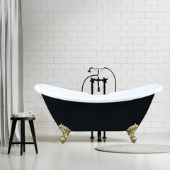 Altair Porva 69" x 29" Acrylic Clawfoot Soaking Bathtub in Glossy Black with Brushed Brass Drain and Overflow