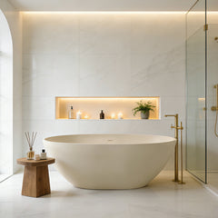 Altair Euston 65" x 30" Solid Surface Soaking Bathtub in Creamy Latte with Creamy Latte Drain and Integrated Overflow