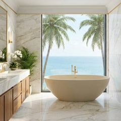 Altair Euston 65" x 30" Solid Surface Soaking Bathtub in Creamy Latte with Creamy Latte Drain and Integrated Overflow