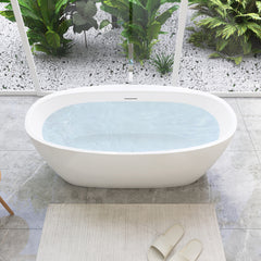 Altair Beyaz 59" x 32" Flatbottom Freestanding Acrylic Soaking Bathtub in Glossy White with Drain and Integrated Overflow