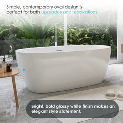Altair Beyaz 59" x 32" Flatbottom Freestanding Acrylic Soaking Bathtub in Glossy White with Drain and Integrated Overflow