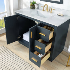 Altair Gazsi 42" Single Bathroom Vanity Set in Charcoal Blue with Grain White Engineered Stone Countertop