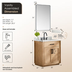 Altair Gavino 30" Single Bathroom Vanity in Light Brown with Grain White Engineered Stone Countertop