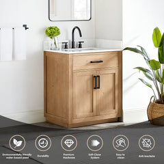 Altair Gavino 30" Single Bathroom Vanity in Light Brown with Grain White Engineered Stone Countertop