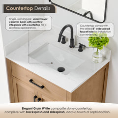 Altair Gavino 30" Single Bathroom Vanity in Light Brown with Grain White Engineered Stone Countertop