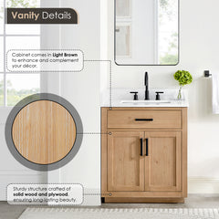 Altair Gavino 30" Single Bathroom Vanity in Light Brown with Grain White Engineered Stone Countertop