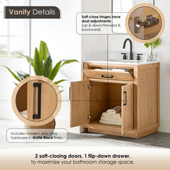 Altair Gavino 30" Single Bathroom Vanity in Light Brown with Grain White Engineered Stone Countertop