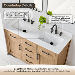 Altair Gavino 54" Double Bathroom Vanity with Grain White Engineered Stone Countertop