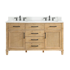 Altair Solana 60" Double Bathroom Vanity in Weathered Fir with Calacatta White Quartz Countertop - Without Mirror