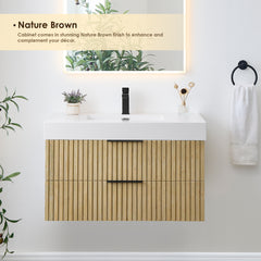 Altair Livia 36" Wall-mounted Single Bathroom Vanity in Nature Brown with White Artificial Drop-in Sink