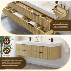 Altair Livia 72" Wall-mounted Double Bathroom Vanity in Nature Brown with White Artificial Drop-in Sink