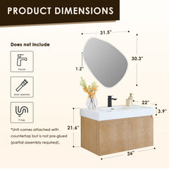 Altair Siena 36" Wall-mounted Single Bathroom Vanity in Light Brown with White Artificial Drop-in Sink