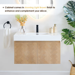 Altair Siena 36" Wall-mounted Single Bathroom Vanity in Light Brown with White Artificial Drop-in Sink