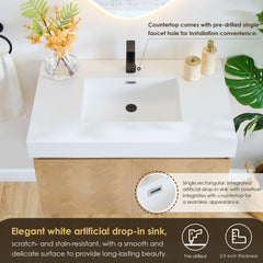 Altair Siena 36" Wall-mounted Single Bathroom Vanity in Light Brown with White Artificial Drop-in Sink