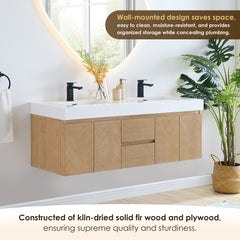 Altair Siena 60" Wall-mounted Double Bathroom Vanity in Light Brown with White Artificial Drop-in Sink