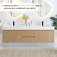 Altair Siena 72" Wall-mounted Double Bathroom Vanity in Light Brown with White Artificial Drop-in Sink