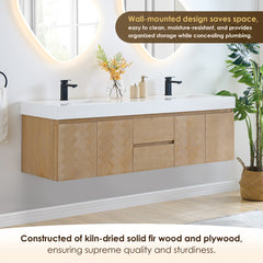 Altair Siena 72" Wall-mounted Double Bathroom Vanity in Light Brown with White Artificial Drop-in Sink