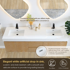Altair Siena 72" Wall-mounted Double Bathroom Vanity in Light Brown with White Artificial Drop-in Sink
