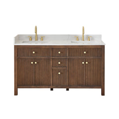 Altair Cerrito 60" Double Bathroom Vanity with Grain White Engineered Stone Countertop - Brown Brushed Oak, Without Mirror