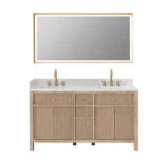 Altair Cerrito 60" Double Bathroom Vanity with Grain White Engineered Stone Countertop - Natural Oak, With Mirror
