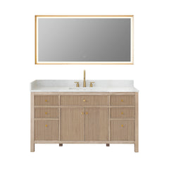 Altair Cerrito 60" Single Bathroom Vanity with Grain White Engineered Stone Countertop - Natural Oak, With Mirror