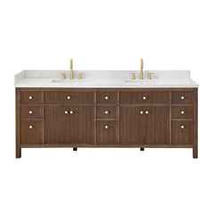Altair Cerrito 84" Double Bathroom Vanity with Grain White Engineered Stone Countertop - Brown Brushed Oak, Without Mirror