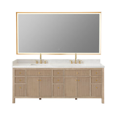 Altair Cerrito 84" Double Bathroom Vanity with Grain White Engineered Stone Countertop - Natural Oak, With Mirror
