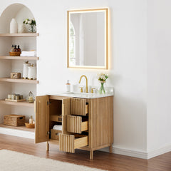 Altair Sierra 36" Single Bathroom Vanity in Washed Light Brown with Grain White Engineered Stone Countertop