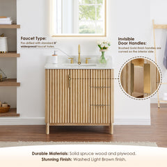 Altair Sierra 36" Single Bathroom Vanity in Washed Light Brown with Grain White Engineered Stone Countertop