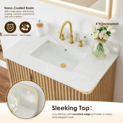 Altair Sierra 36" Single Bathroom Vanity in Washed Light Brown with Grain White Engineered Stone Countertop