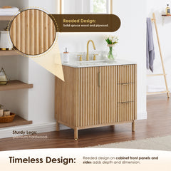 Altair Sierra 36" Single Bathroom Vanity in Washed Light Brown with Grain White Engineered Stone Countertop