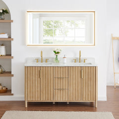Altair Sierra 60" Double Bathroom Vanity in Washed Light Brown with Grain White Engineered Stone Countertop