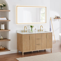 Altair Sierra 60" Double Bathroom Vanity in Washed Light Brown with Grain White Engineered Stone Countertop