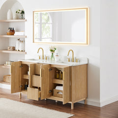 Altair Sierra 60" Double Bathroom Vanity in Washed Light Brown with Grain White Engineered Stone Countertop