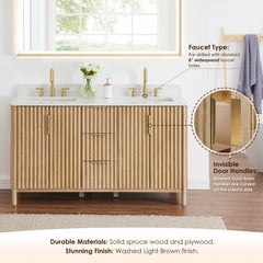 Altair Sierra 60" Double Bathroom Vanity in Washed Light Brown with Grain White Engineered Stone Countertop