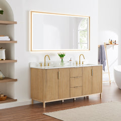 Altair Sierra 72" Double Bathroom Vanity in Washed Light Brown with Grain White Engineered Stone Countertop