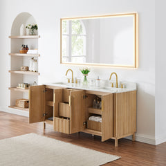 Altair Sierra 72" Double Bathroom Vanity in Washed Light Brown with Grain White Engineered Stone Countertop