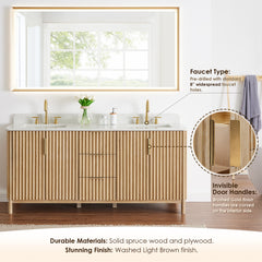 Altair Sierra 72" Double Bathroom Vanity in Washed Light Brown with Grain White Engineered Stone Countertop