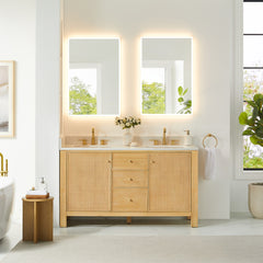 Altair Cedar 60" Double Bathroom Vanity in Natural Wood with Grain White Engineered Stone Countertop